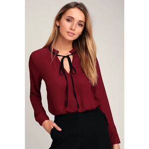 Lulus Size L Tea Shop Burgundy Long Sleeve Top Blouse